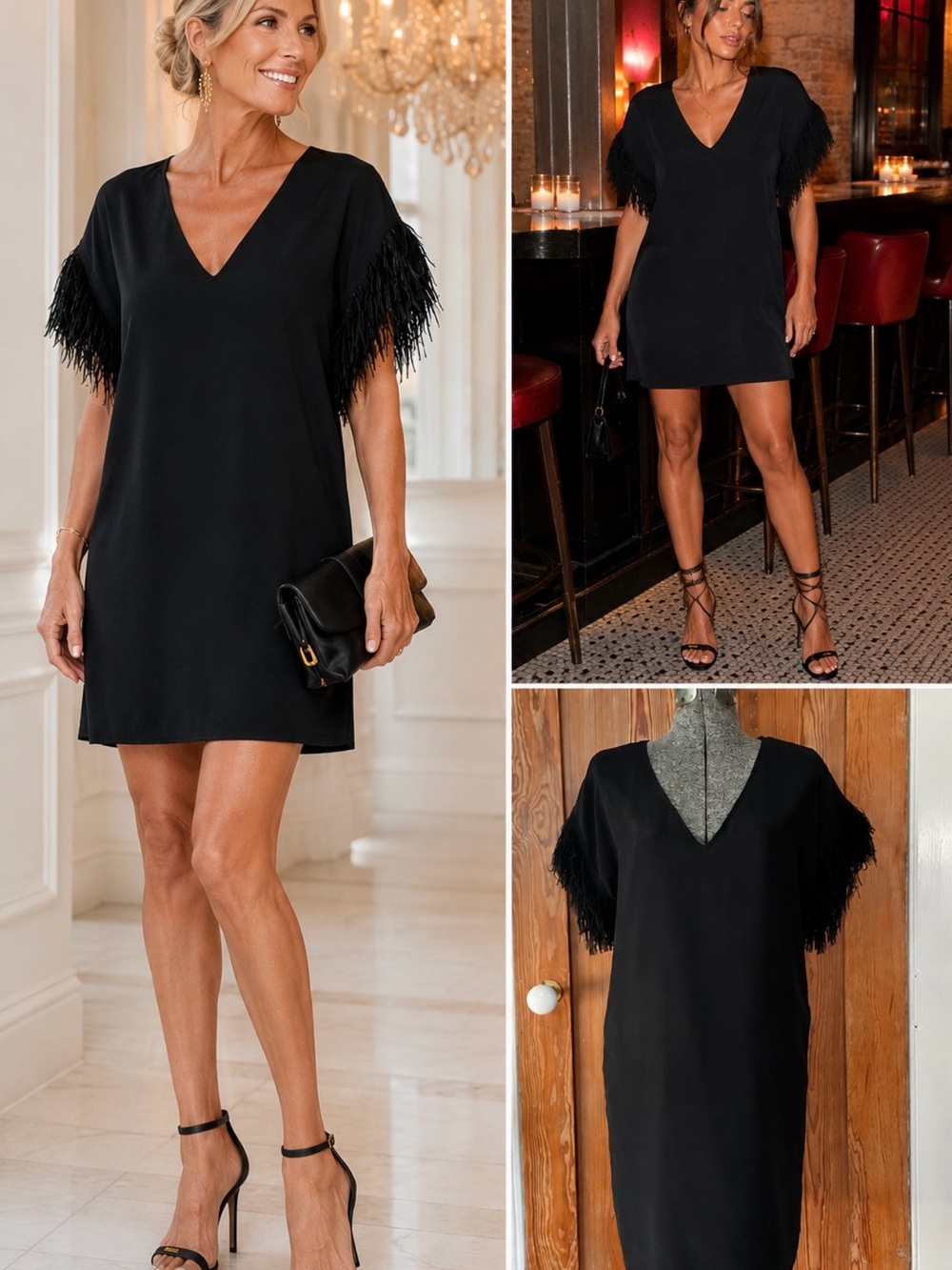 Marie Oliver Black 100% Silk Feather Fringe Sleeve V-Neck Shift Dress Sz XS💛🎀